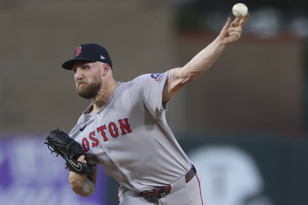 Boston Red Sox pitcher Garrett Crochet throws to an Athletics batter during the first inning of a baseball game Monday, Sept. 8, 2025, in West Sacramento, Calif. (AP Photo/Scott Marshall)