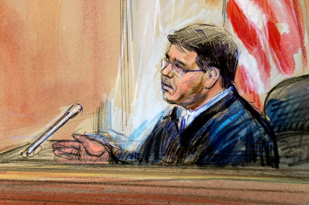 FILE - This courtroom sketch depicts U.S. District Michael Nachmanoff, at federal courthouse in Alexandria, Va., Oct. 10, 2019. (Dana Verkouteren via AP, File)
