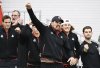 Team Canada captain Frank Dancevic and players react during a Davis Cup qualifying tennis match between Alexis Galarneau, of Canada, and Marton Fucsovics, of Hungary, in Montreal on Sunday, February 2, 2025. THE CANADIAN PRESS/Graham Hughes