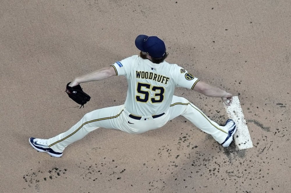 Milwaukee Brewers' Brandon Woodruff throws during the first inning of a baseball game against the Los Angeles Angels Wednesday, Sept. 17, 2025, in Milwaukee. (AP Photo/Morry Gash)