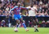 Crystal Palace's Jean-Philippe Mateta, left and Liverpool's Ibrahima Konate vie for the ball, during the English Premier League soccer match between Crystal Palace and Liverpool, at Selhurst Park, in south London, Saturday, Sept. 27, 2025. (Jonathan Brady/PA via AP)