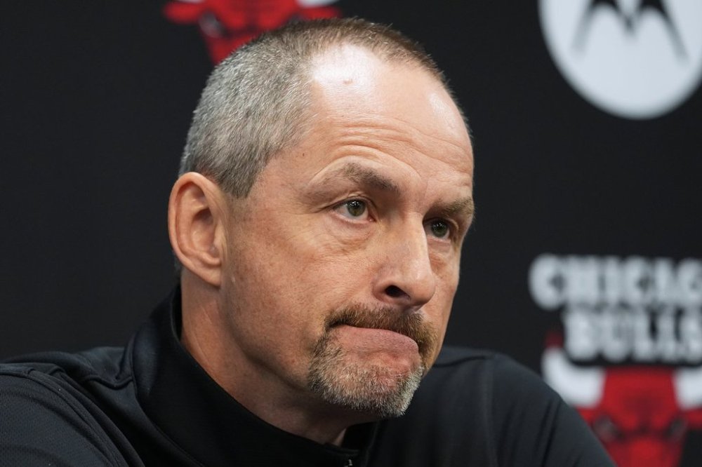Chicago Bulls Executive Vice President, Basketball Operations Artūras Karnišovas talks to media at a news conference during the team's media day in Chicago, Monday, Sept. 29, 2025. (AP Photo/Nam Y. Huh)