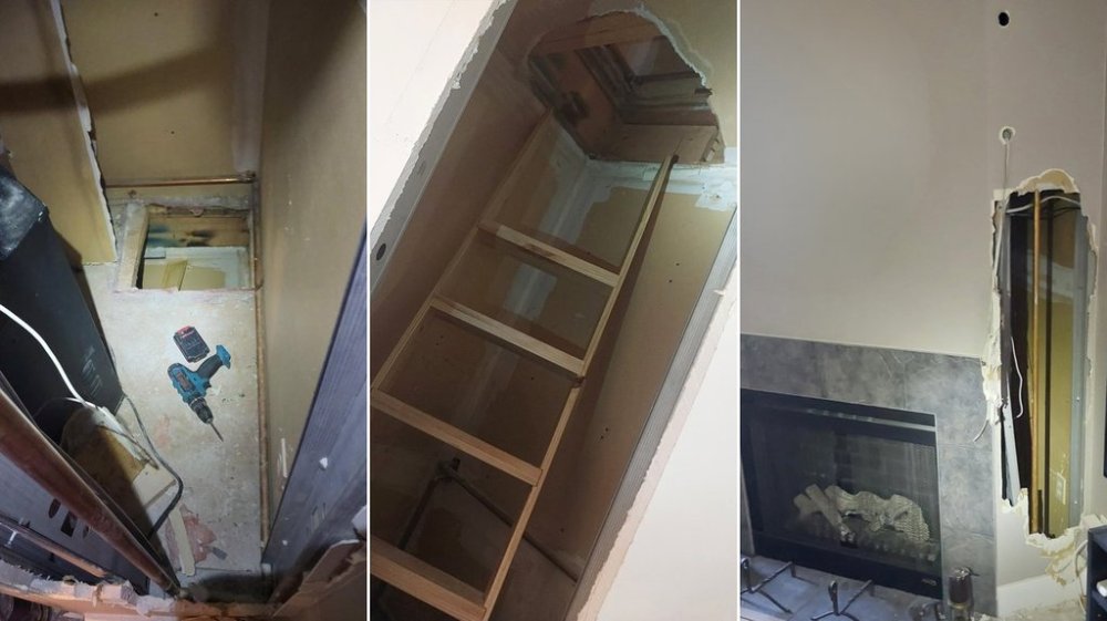 Police are accusing a Calgary man who was having a dispute with his upstairs neighbour of tunnelling his way into her apartment. This composite of three handout images from Calgary Police shows the hole through the floor and damage to the unit. THE CANADIAN PRESS/Handout - Calgary Police Service (Mandatory Credit)