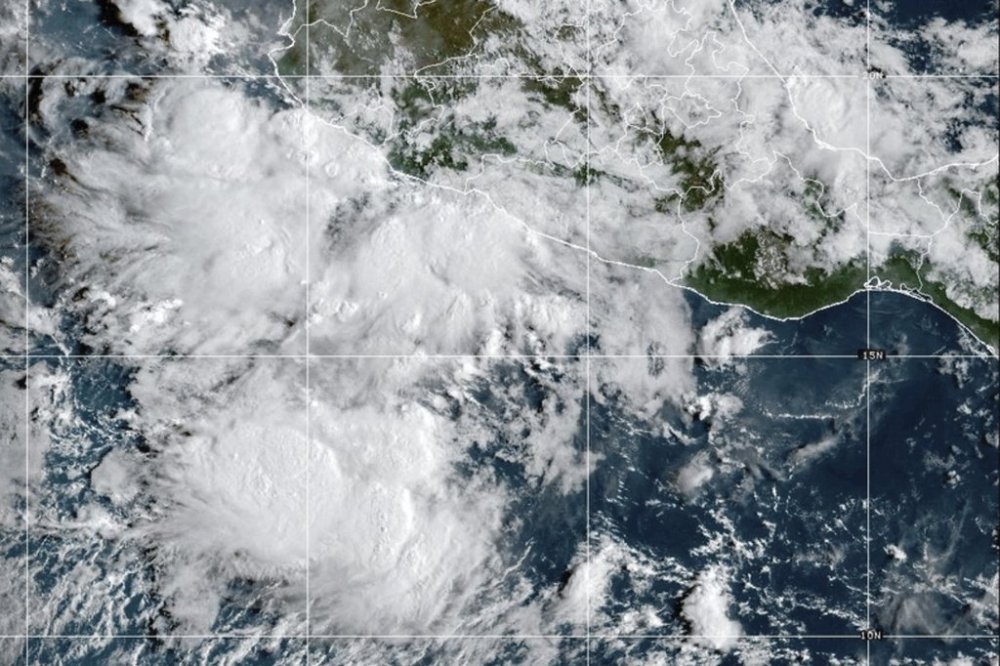 This GOES-19 GeoColor satellite image taken Friday, Sept. 12, 2025, at 10:10 a.m. EDT and provided by NOAA, shows Tropical Storm Mario in the Pacific Ocean off the coast of Mexico. (NOAA via AP)