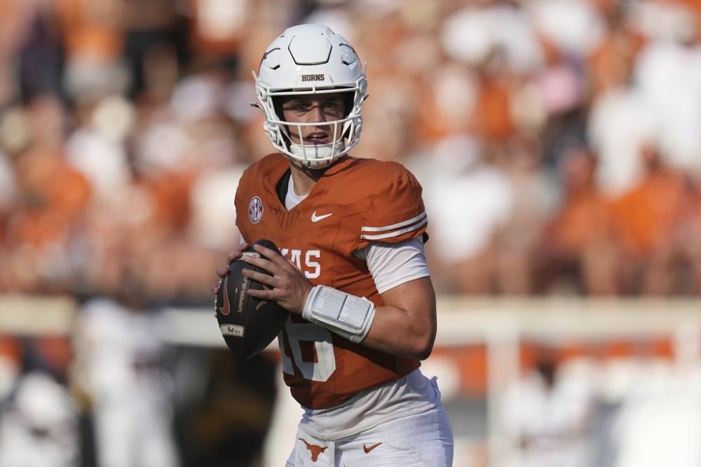 Texas quarterback Arch Manning (16) looks to pass against UTEP during the second half of an NCAA college football game in Austin, Texas, Saturday, Sept. 13, 2025. (AP Photo/Eric Gay)