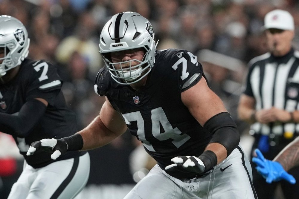 FILE - Las Vegas Raiders offensive tackle Kolton Miller (74) blocks against the Los Angeles Chargers during the first half of an NFL football game, Sept. 15, 2025, in Las Vegas. (AP Photo/Rick Scuteri)