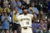 Milwaukee Brewers' Blake Perkins reacts after hitting a three-run scoring triple during the eighth inning of a baseball game against the Los Angeles Angels Wednesday, Sept. 17, 2025, in Milwaukee. (AP Photo/Morry Gash)