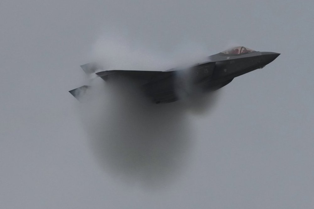 An F-35A fighter jet performs at a military base as part of celebrations marking the anniversary of the Royal Thai Air Force in Bangkok, Thailand, on Friday, March 7, 2025. (AP Photo/Sakchai Lalit)