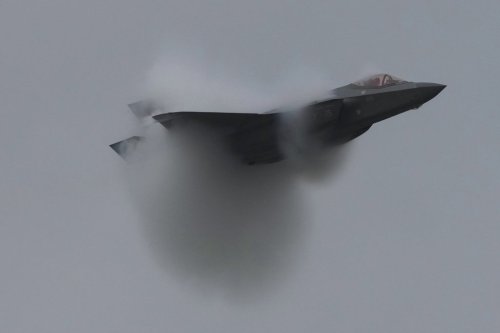 An F-35A fighter jet performs at a military base as part of celebrations marking the anniversary of the Royal Thai Air Force in Bangkok, Thailand, on Friday, March 7, 2025. (AP Photo/Sakchai Lalit)