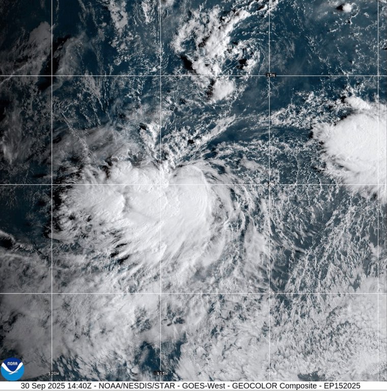 This satellite image provided by the National Oceanic and Atmospheric Administration (NOAA) shows Tropical Storm Octave, Tuesday, Sept. 30, 2025. (NOAA via AP)