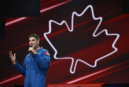 Canadian Space Agency astronaut Jeremy Hansen speaks during the Canada Day noon show at LeBreton Flats in Ottawa on July 1, 2023. THE CANADIAN PRESS/Justin Tang