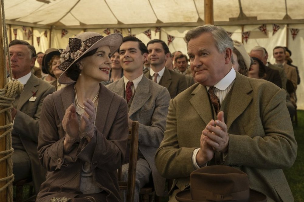 This image released by Focus Features shows Elizabeth McGovern, left, and Hugh Bonneville in a scene from