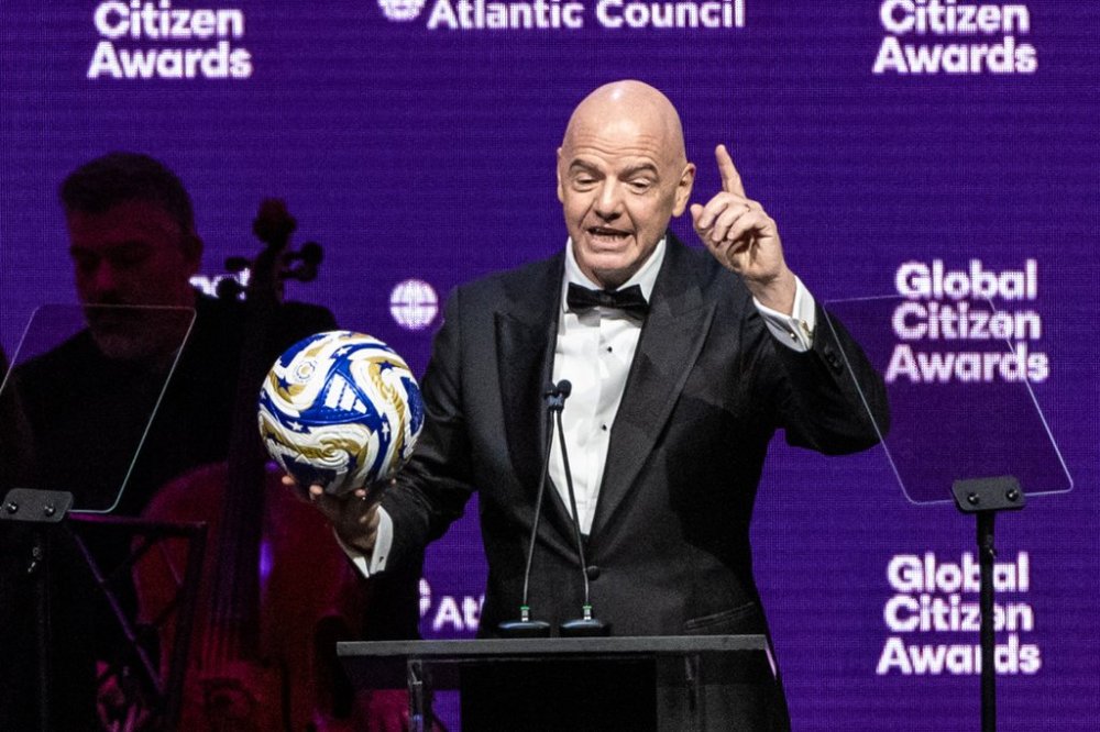 President of the Federation Internationale de Football Association (FIFA) Gianni Infantino speaks at the Global Citizen Awards ceremony, Wednesday, Sept. 24, 2025, in New York. (AP Photo/Stefan Jeremiah)