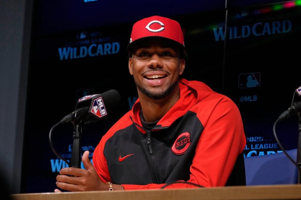 Cincinnati Reds starting pitcher Hunter Greene speaks during a news conference prior to baseball practice Monday, Sept. 29, 2025, in Los Angeles ahead of the Wild Card Series between the Los Angeles Dodgers and the Reds. (AP Photo/Mark J. Terrill)
