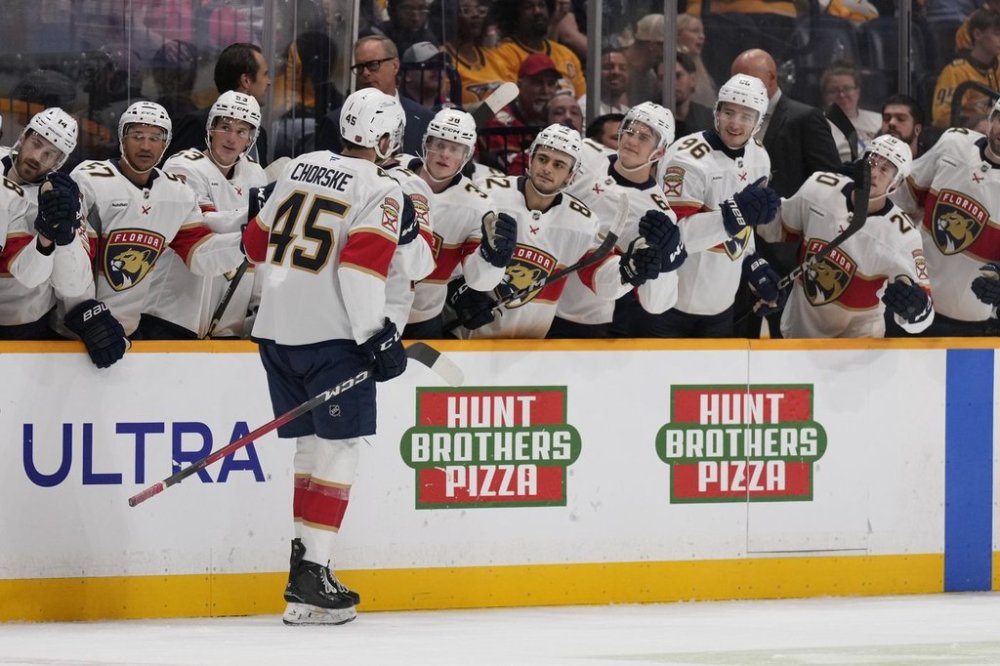 Florida Panthers center Brett Chorske (45) celebrates his goal aduring the first period of an NHL preseason hockey game against the Nashville Predators, Sunday, Sept. 21, 2025, in Nashville, Tenn. (AP Photo/George Walker IV)