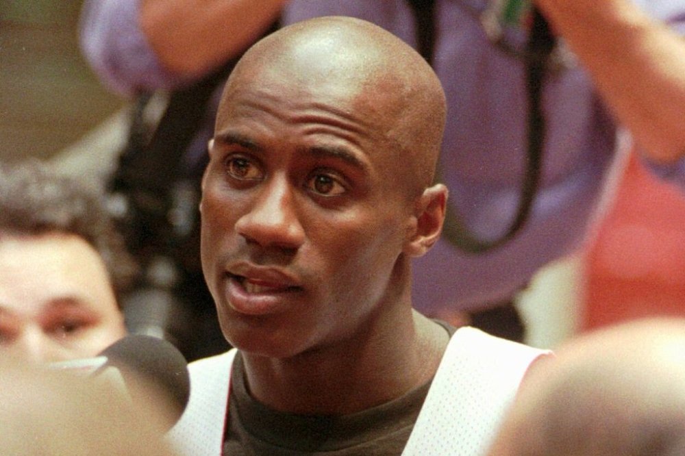 FILE - Houston Rockets Vernon Maxwell, who played college basketball at Florida, speaks with the media after practice June 9, 1994 at the Summit in Houston, as the Rockets prepare for Game 2 of the NBA Finals against the New York Knicks. (AP Photo/Rick Bowmer, File)