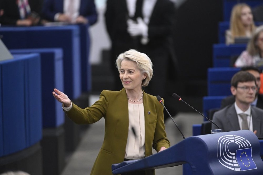 European Commission President Ursula von der Leyen gestures as she delivers a major state of the union speech at the European Parliament in Strasbourg, eastern France, Wednesday, Sept. 10, 2025. (AP Photo/Pascal Bastien)