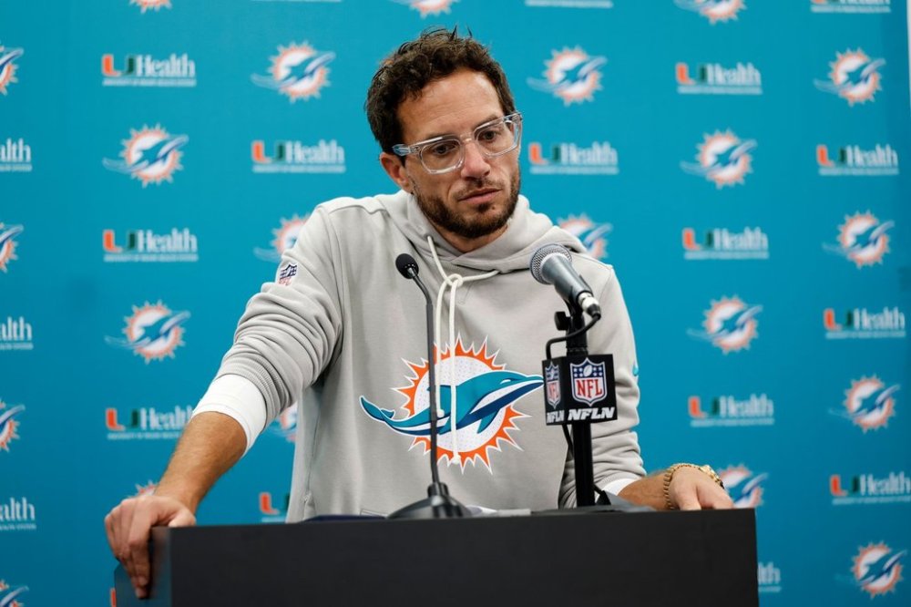 Miami Dolphins head coach Mike McDaniel speaks during a news conference after an NFL football game against the Carolina Panthers, Sunday, Oct. 5, 2025, in Charlotte, N.C. (AP Photo/Rusty Jones)