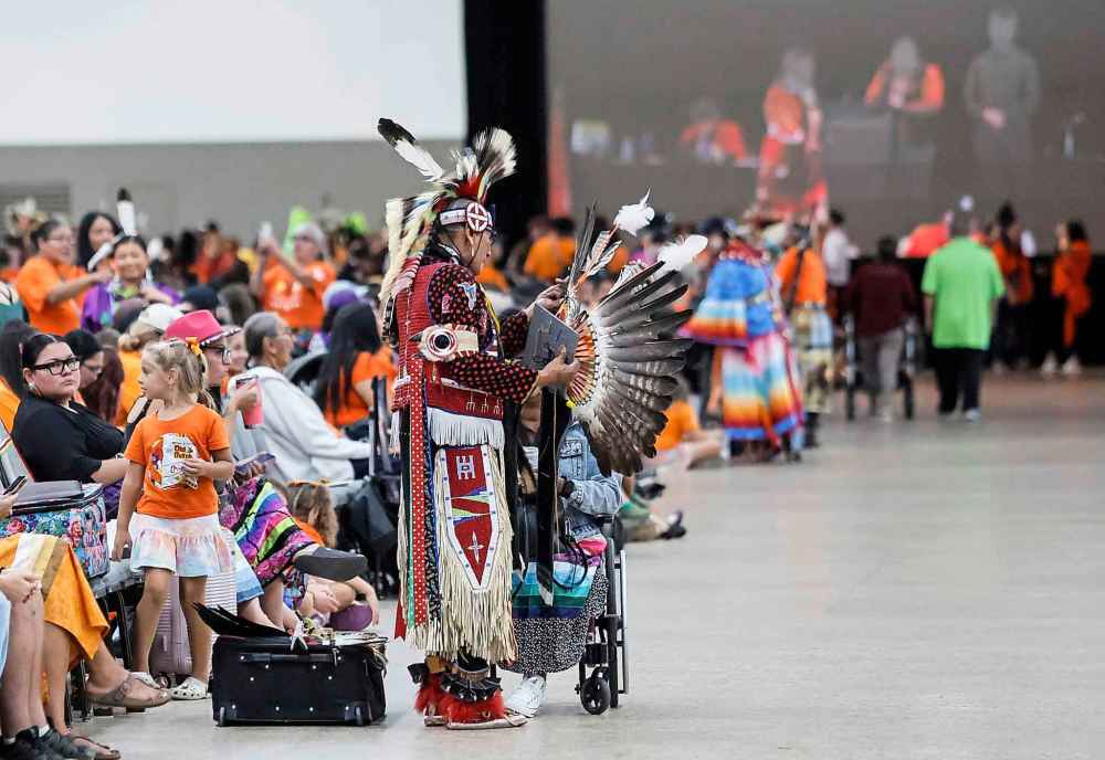 Dancers at the powwow at the RBC Convention Centre Tuesday,