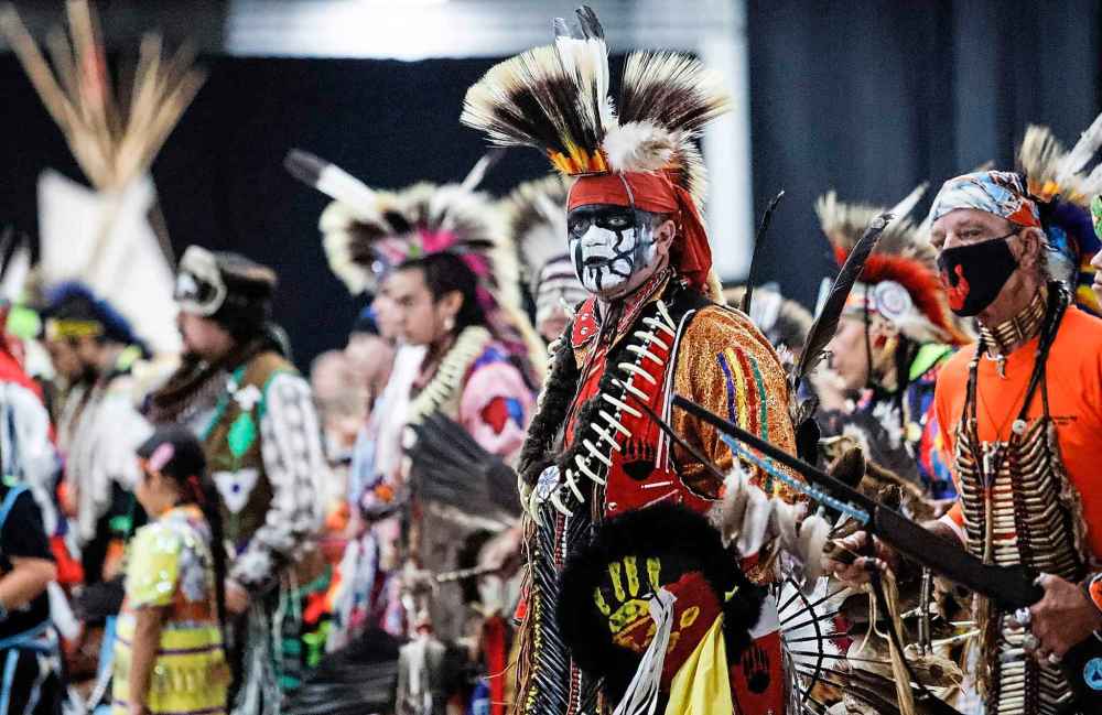 Dancers at the powwow at the RBC Convention Centre Tuesday,.