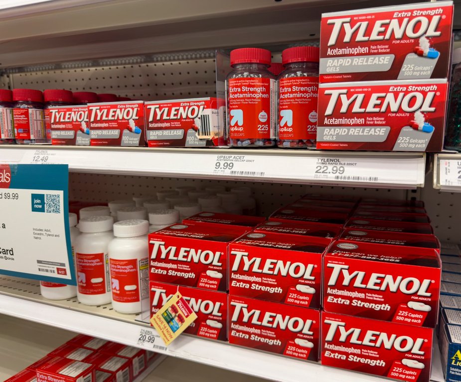 Tylenol pain relief products are shown on a store shelf in Carmel, Ind., Tuesday, Sept. 23, 2025. (AP Photo/Michael Conroy)