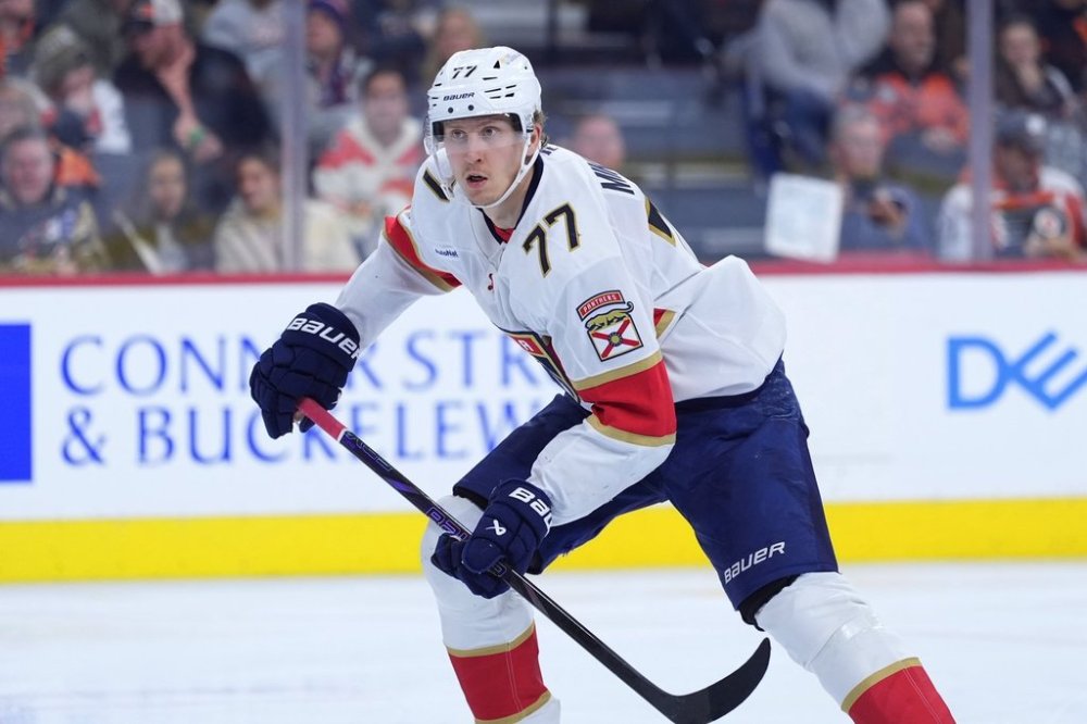 FILE - Florida Panthers' Niko Mikkola skates during an NHL hockey game, Monday, Jan. 13, 2025, in Philadelphia. (AP Photo/Matt Slocum, File)