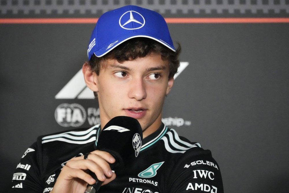Mercedes driver Andrea Kimi Antonelli of Italy attends a news conference at the Baku City Circuit, ahead of the Azerbaijan Formula One Grand Prix in Baku, Azerbaijan, Thursday, Sept. 18, 2025. (AP Photo/Darko Bandic)