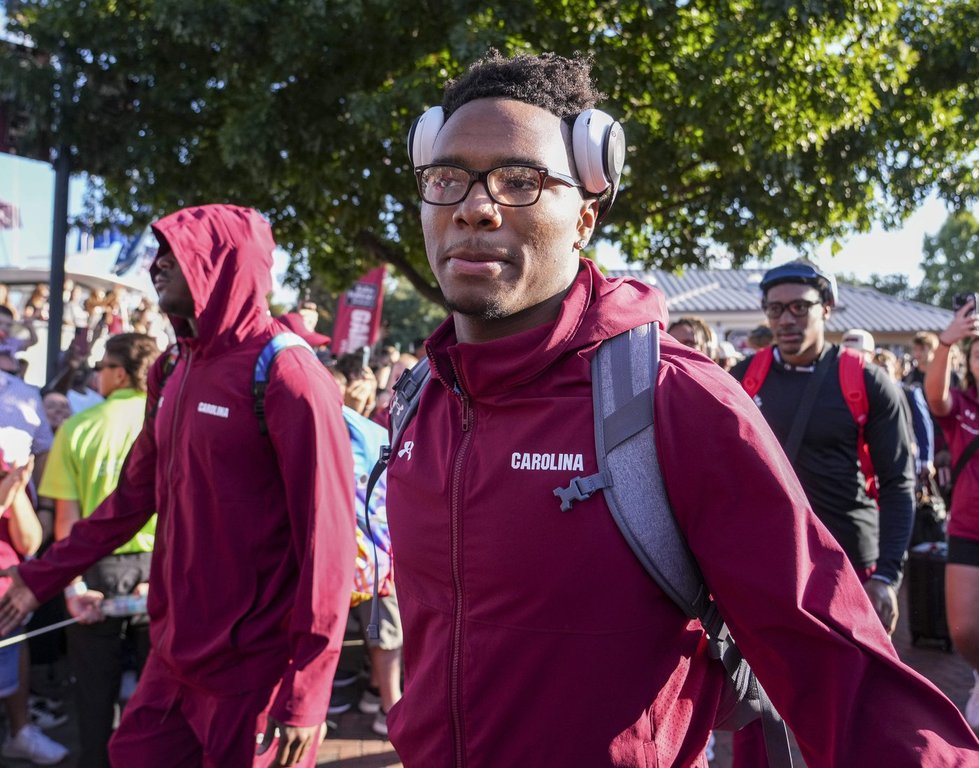 South Carolina quarterback LaNorris Sellers greets fans during the