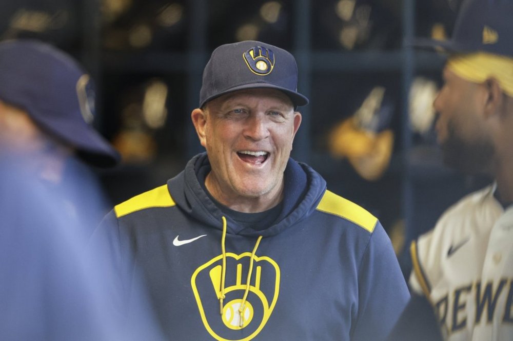 Milwaukee Brewers manager Pat Murphy looks on from the dugout before a baseball game against the Philadelphia Phillies, Wednesday, Sept. 3, 2025, in Milwaukee. (AP Photo/Jeffrey Phelps)
