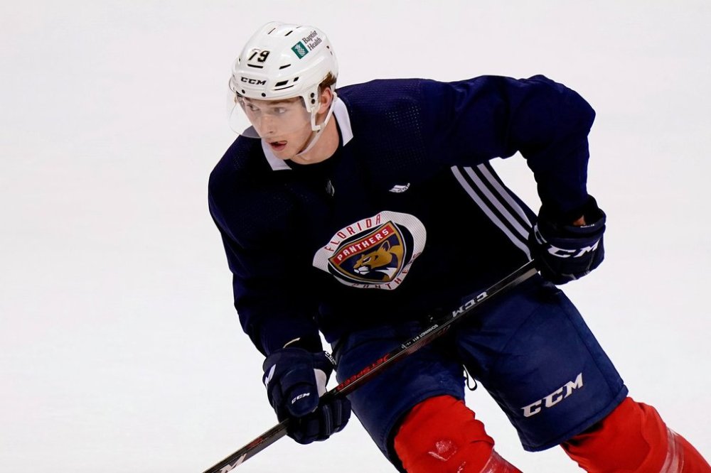 FILE - Florida Panthers forward Cole Schwindt skates during NHL hockey training camp, Tuesday, Jan. 5, 2021, in Sunrise, Fla. (AP Photo/Lynne Sladky, File)