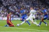 Real Madrid's Franco Mastantuono, second right, challenges Marseille's goalkeeper Geronimo Rulli, left, during a Champions League opening phase soccer match between Real Madrid and Marseille at Santiago Bernabeu stadium, in Madrid, Tuesday, Sept. 16, 2025. (AP Photo/Manu Fernandez)