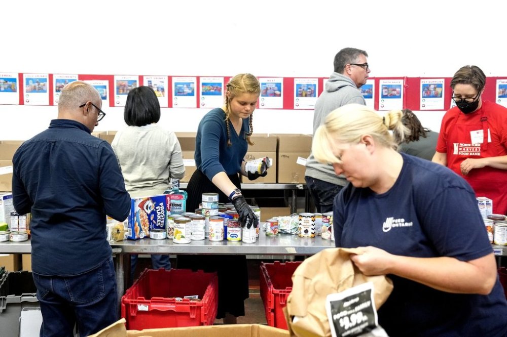 Volunteers work at the Food Banks Canada distribution centre in Toronto, Thursday, Oct. 24, 2024. THE CANADIAN PRESS/Chris Young