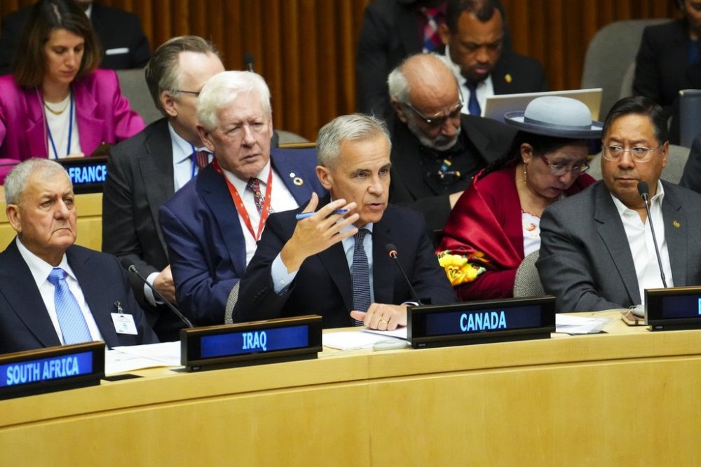 Prime Minister Mark Carney speaks as he takes part in the 'First Biennial Summit for a Sustainable, Inclusive and Resilient Global Economy' during the United Nations General Assembly at United Nations Headquarters on Wednesday, Sept. 24, 2025. This year marks the 80th anniversary of UNGA. THE CANADIAN PRESS/Sean Kilpatrick