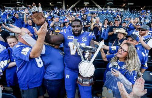 THE CANADIAN PRESS/John Woods
                                Winnipeg Blue Bombers’ Jermarcus Hardrick (51) holds the Banjo Bowl trophy as he celebrates with fans after defeating the Saskatchewan Roughriders in CFL football action in Winnipeg Saturday, September 9, 2023.