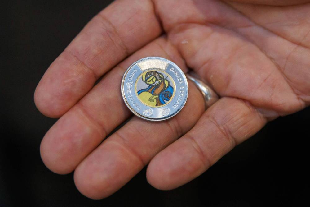 MIKE DEAL / FREE PRESS
The toonie features elements of two artistic works by Odjig.