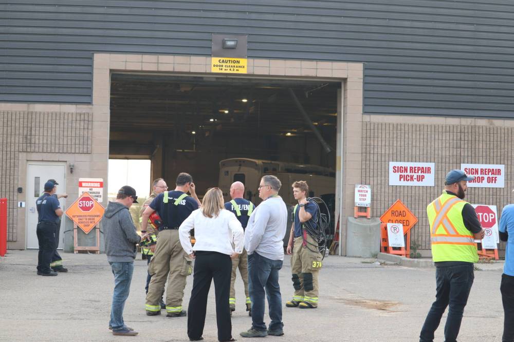 Brandon Sun Files
Local first responders and city officials gather outside the east-side entrance of Brandon’s Civic Services Complex on Sept. 7, 2023, after an explosion rocked the building.