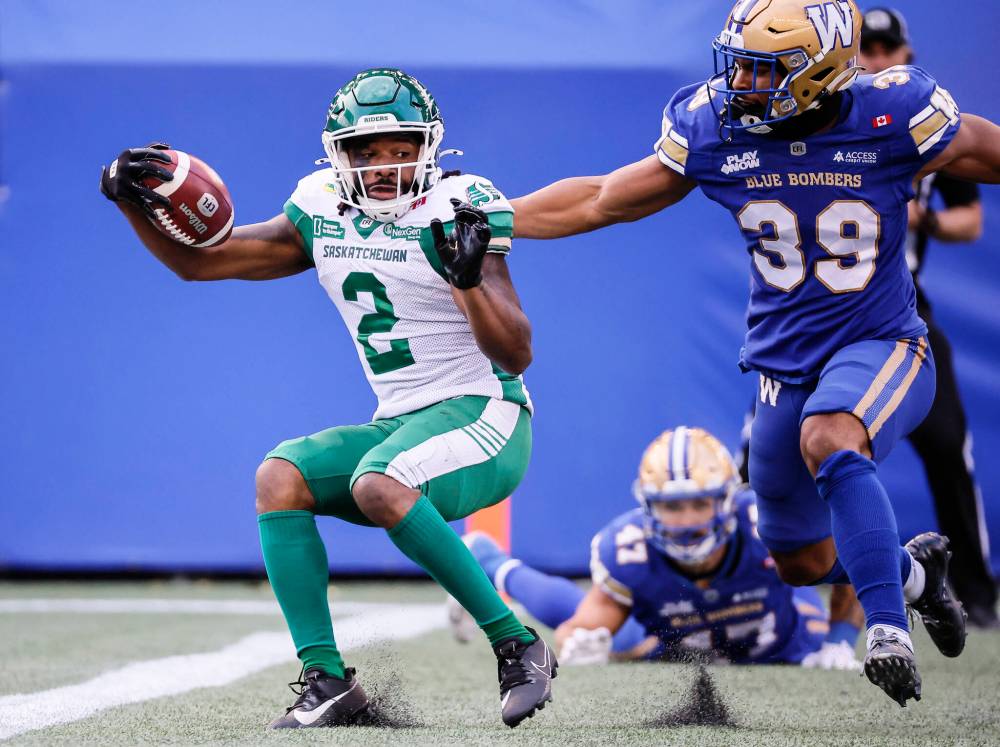 JOHN WOODS / THE CANADIAN PRESS
Winnipeg Blue Bombers' Jaylen Smith (39) chases Saskatchewan Roughriders' Mario Alford (2) into his end zone on a Bombers missed field goal attempt during second half CFL action in Winnipeg, Saturday, Sept. 6, 2025.