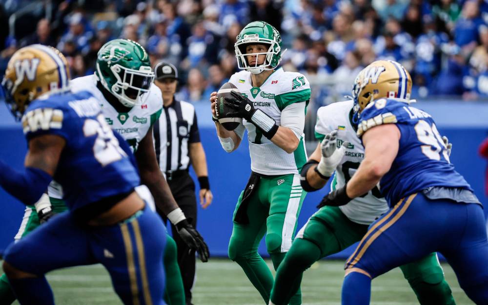 JOHN WOODS / THE CANADIAN PRESS
Saskatchewan Roughriders quarterback Trevor Harris (7) looks downfield during second half CFL action against the Winnipeg Blue Bombers in Winnipeg, Saturday, Sept. 6, 2025.