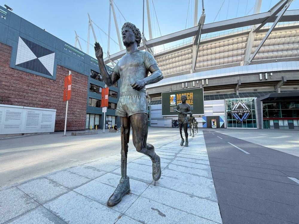 The Terry Fox statues by Douglas Coupland grace the plaza in front of BC Place Stadium and the BC Sports Hall of Fame.