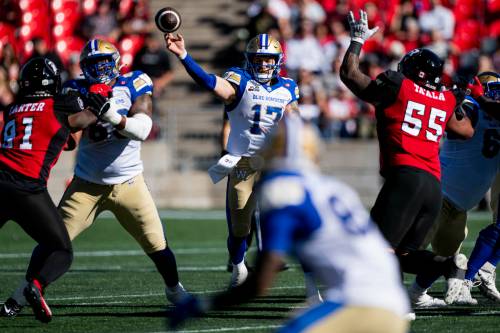 SPENCER COLBY / THE CANADIAN PRESS Winnipeg Blue Bombers quarterback Chris Streveler (17) throws a pass during CFL action against the Redblacks in Ottawa on Saturday, Sept. 20, 2025.