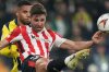 FILE - Athletic Bilbao's Yeray Alvarez, front, kicks the ball during the Europa League opening phase soccer match between Fenerbahce and Athletic Bilbao at Sukru Saracoglu stadium, in Istanbul, Turkey, Dec. 11, 2024. (AP Photo/Francisco Seco, File)