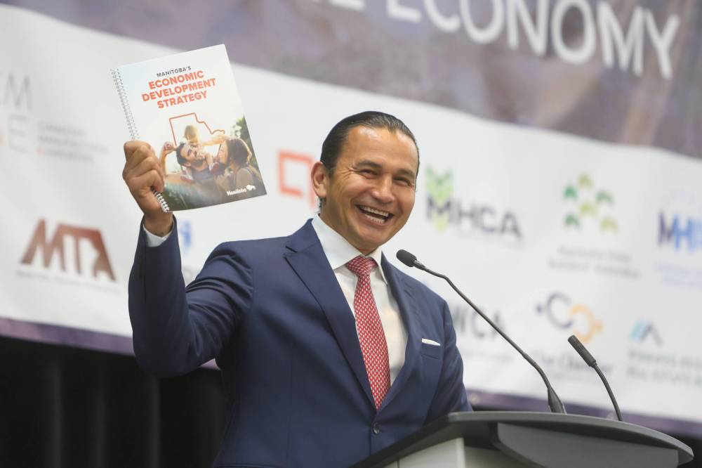 MIKE DEAL/ FREE PRESS
Premier Wab Kinew announces the release of Manitoba’s new economic development strategy Thursday. The province aims to boost its gross domestic product per capita by $5,000 relative to other provinces by 2040.