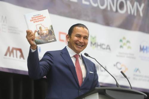 MIKE DEAL/ FREE PRESS
                                Premier Wab Kinew announces the release of Manitoba&rsquo;s new economic development strategy Thursday. The province aims to boost its gross domestic product per capita by $5,000 relative to other provinces by 2040.