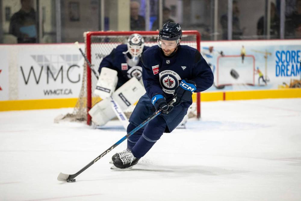BROOK JONES / FREE PRESS
Winnipeg Jets defenceman Neal Pionk is part of the established top-2 pairings on the club’s roster, with Josh Morrissey, Dylan DeMelo and Dylan Samberg the other three locked in.