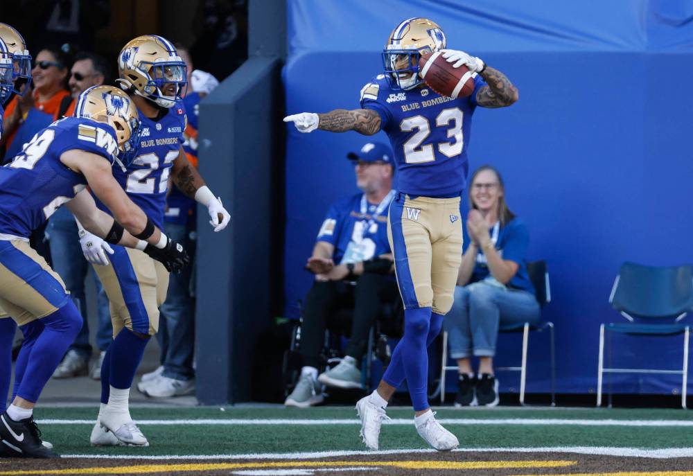 JOHN WOODS / THE CANADIAN PRESS
Winnipeg Blue Bombers’ Trey Vaval (23) celebrates his opening kick return for the touchdown against the Hamilton Tiger-Cats during first half CFL action in Winnipeg on Saturday.