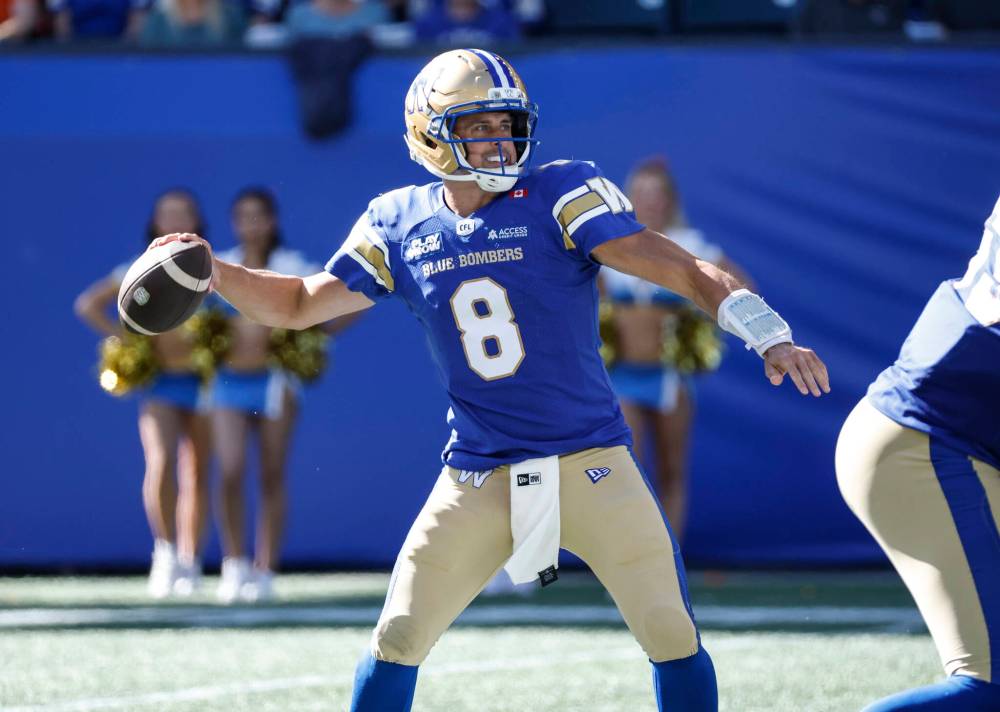JOHN WOODS / THE CANADIAN PRESS
Winnipeg Blue Bombers quarterback Zach Collaros (8) throws for the touchdown to Dillon Mitchell (13) during first half CFL action against the Hamilton Tiger-Cats in Winnipeg on Saturday.