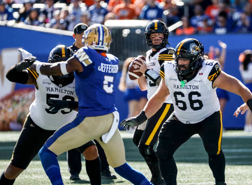 JOHN WOODS / THE CANADIAN PRESS
Hamilton Tiger-Cats quarterback Bo Levi Mitchell (19) looks downfield during first half CFL action against the Winnipeg Blue Bombers in Winnipeg on Saturday.