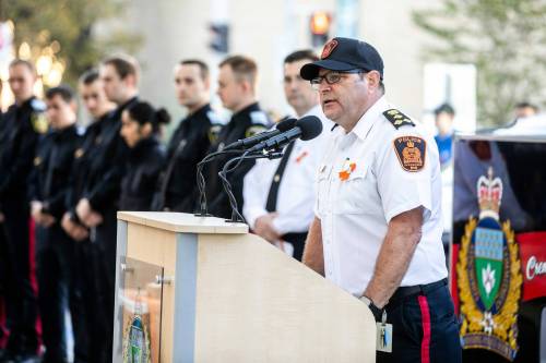 MIKAELA MACKENZIE / FREE PRESS Chief Gene Bowers speaks at the Winnipeg Police Service sacred fire lighting celebration on Monday, Sept. 29, 2025. For Tyler story. Free Press 2025