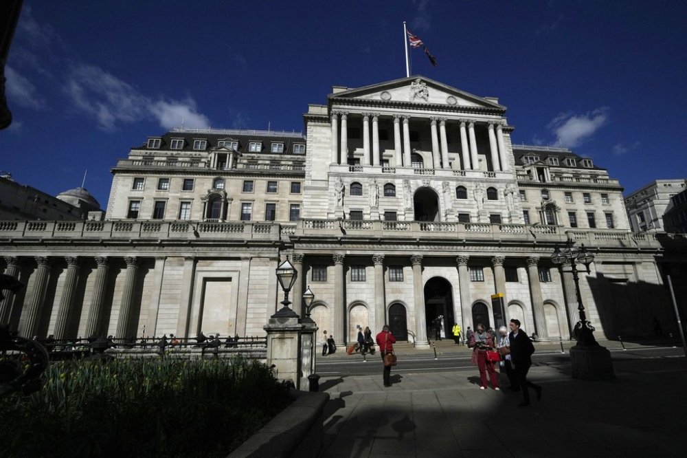 FILE - A general view of the Bank of England in the City of London, Thursday, March 17, 2022. (AP Photo/Alastair Grant, File)