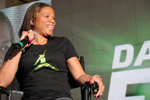 FILE - Paralympic gold medalist April Holmes answers questions at the Jordan Brand's Flight Experience, Friday, Feb. 15, 2013 in Houston. (Omar Vega/Invision for Jordan Brand/AP Images, File)